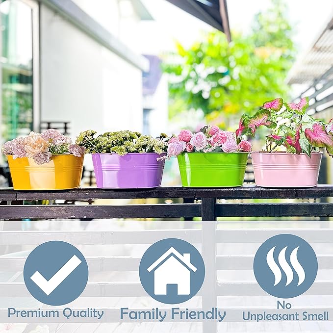 LaLaGreen Rail Planter Outdoor Plants (11.2 Inch, 6 Pack) Colorful Metal Iron Strawberry Hanging Flower Pots Deck Railing, Fence Wall Mount Bucket Modern Window Box Hooks Porch Garden Outside Decor