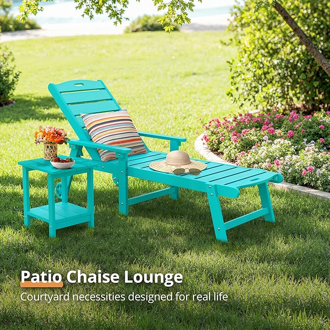 LUE BONA Chaise Lounge Chair with Table, 6-Piece, HDPS Chaise Lounger, 5 Positions Adjustable Lounge Chairs, Pool Lounge Chair with Wheels for Poolside, Backyard, Aruba Blue