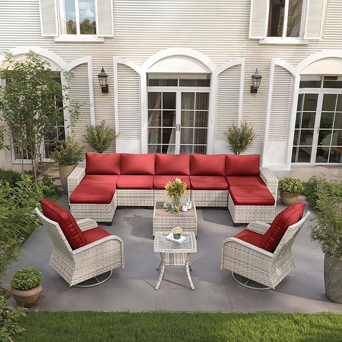11-Piece Outdoor Patio Furniture Set with Rocking Swivel Chair Wicker Sectional Sofa Set, Patio Conversation Set with Ottomans & Coffee Table for Garden, Backyard, Poolside, Red