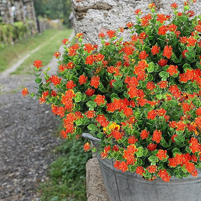 20 Bundles Artificial Fall Flowers Outdoor Fake Flowers, UV Resistant No Fade Faux Plastic Greenery Shrubs Plants for Hanging Garden Porch Window Box Outside Decoration,Home Indoor Decor Orange