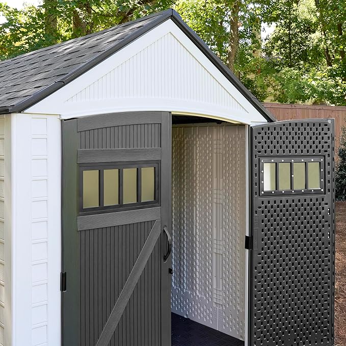 Rubbermaid Resin Outdoor Storage Shed With Floor (7 x 10.5 Ft) Weather Resistant, White, Organization for Home/Backyard/Garden Tools/Lawn Mower/Bike Storage/Pool Supplies
