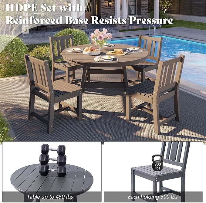 AMERLIFE 5 Piece HDPE Outdoor Dining Table & Chairs Set, All-Weather Patio Table and Chairs Set Furniture with Umbrella Hole for Garden, Backyard, Poolside, Seaside, Gray