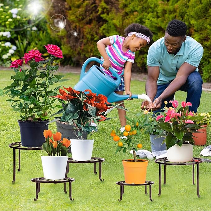Plant Stand Indoor 5 Pack Brown Metal Plant Stands Outdoor Heavy Duty Flower Pot Stands for Multiple Plants Rustproof Iron Round Plant Holder for Plants Indoor Planter for outdoor plants & Garden Decor ﻿