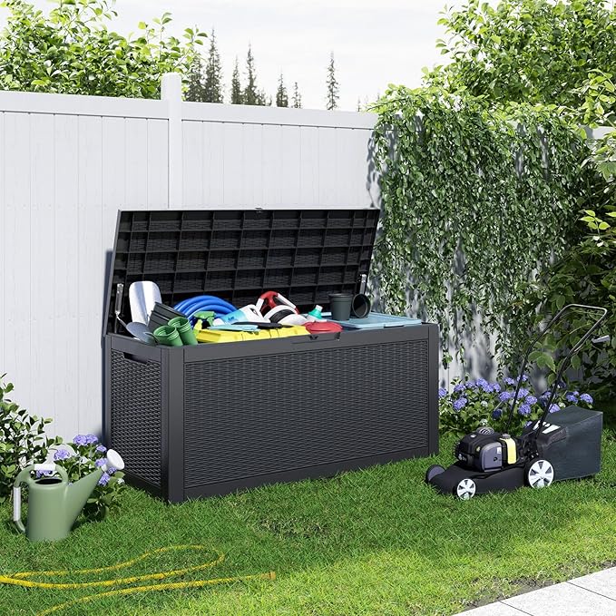 120 Gallon Outdoor Deck Box, Lockable Waterproof Outdoor Storage Boxes For Garden Tools,Indoor Cushions,Accessories Outside Storage Resin Weatherproof Container(Black)