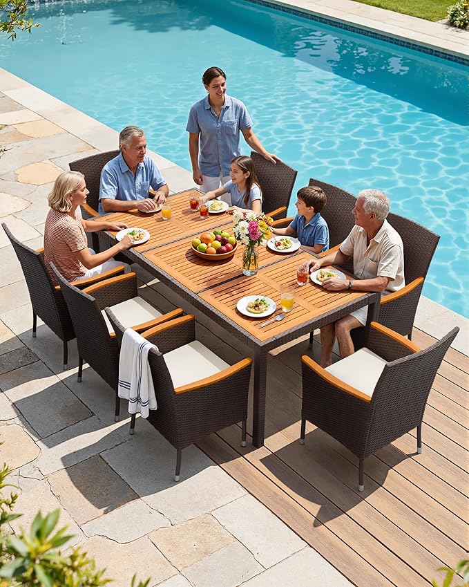 Flamaker 9 Piece Patio Dining Set Outdoor Acacia Wood Table and Chairs with Soft Cushions Wicker Patio Furniture for Deck, Backyard, Garden (Brown)