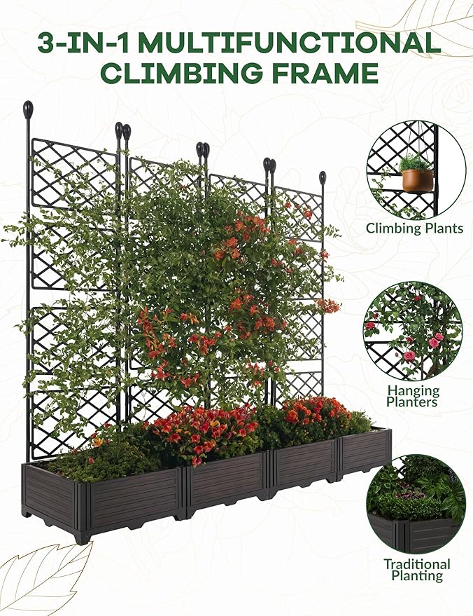 4 PCS Raised Garden Bed with Trellis & Privacy Screen, 66"w x 63"Tall Vertical Garden Planter Box for Climbing Plants - Sturdy Lightweight Outdoor Planter for Vegetables, Flowers on Patio, Balcony