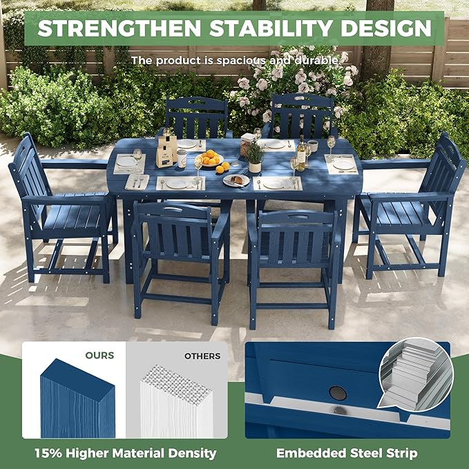 HDPE Outdoor Patio Dining Set with Table & 6 Chairs, All-Weather 7-Piece Outdoor Table and Chairs, 2" Umbrella Hole, Patio Furniture for Garden, Backyard, Deck | Navy Blue