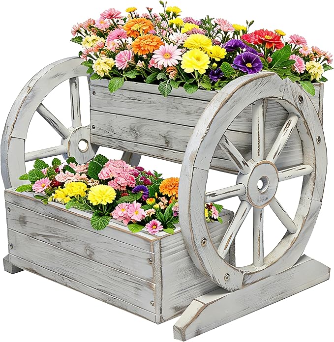 NestNature Wooden Wagon Planter Box,Raised Garden Bed,Decorative Garden Planters with Wheels-Outside Flower Pots for Indoor/Outdoor Décor Plants (Antique White)