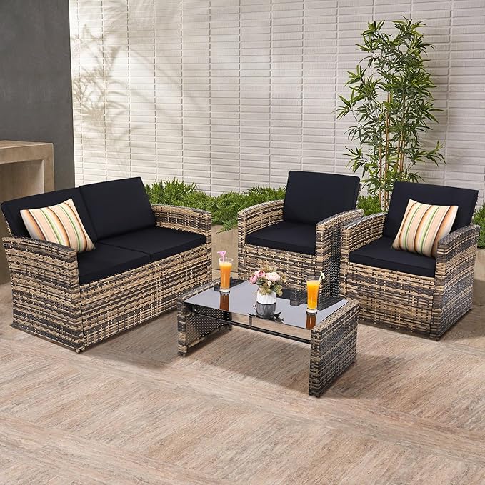 4-Piece Patio Furniture Set, Wicker Outdoor Rattan Sectional Sofa with Cushions and Glass Table, All-Weather Outdoor Conversation Set, Ideal for Garden, Porch, Backyard, Black