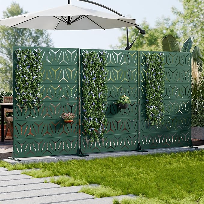 Casaphoria Metal Privacy Screen Outdoor, 72" H x 47" W Freestanding Decorative Privacy Screen for Patio Deck Balcony Garden with Stable Base, Drakgreen-Star