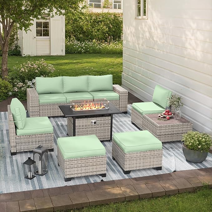 9-Piece Outdoor Patio Furniture Set with 55,000 BTU Fire Pit Table, PE Wicker Rattan Sectional Sofa Patio Conversation Set with Ottomans & Coffee Table, Light Green