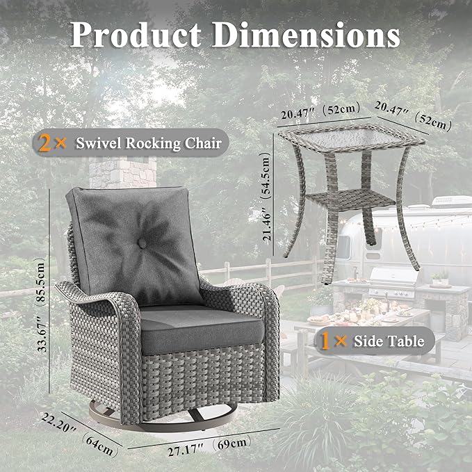 2-Seat Modern Patio Furniture Set with Swivel Rocking Chairs, Thick 4″ Cushions, Dual-Strand Wicker Rattan, Rust-Resistant Steel Frame – Outdoor Conversation & Modular Sectional,Black