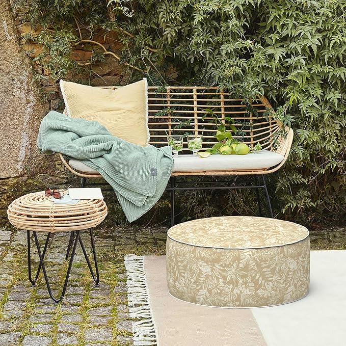 LVTXIII Inflatable Stool Ottoman Footrest with Handle, Decorative Fade-Resistant Foot Stool, Indoor or Outdoor Pouf for Home Garden and Camping Use, 21x21x9, Tropical Leaf Oat