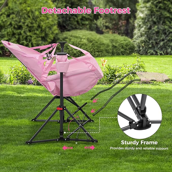 Ainfox Hammock Camping Chair with Footrest, Foldable Rocking Chairs for Adults Outside Swinging Camp with Cup Holder Pillow for Outdoor Patio Garden (Pink)
