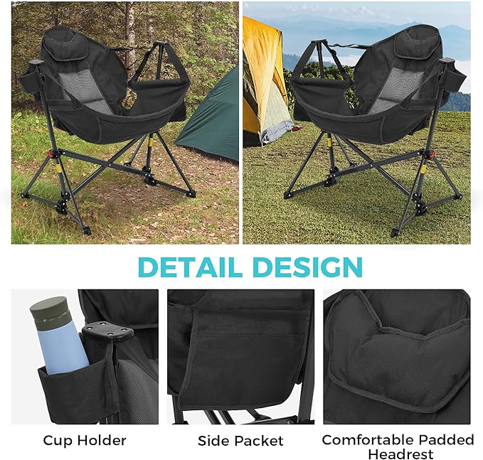 Ainfox Hammock Camping Chair, Foldable Portable Rocking Chairs for Adults Outside Swinging Camp with Cup Holder Pillow for Outdoor Patio Poolside (Black)