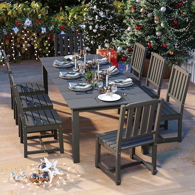 9-Piece Outdoor Dining Set for 8, 75.2'' HDPE Table with Umbrella Hole & Chairs, Weather-Resistant Patio Furniture for Lawn, Yard, Balcony, Deck (Grey)