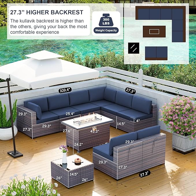 Kullavik 10 Pieces Outdoor Patio Furniture Set with 43" 55000BTU Gas Propane Fire Pit Table PE Wicker Rattan Sectional Sofa Patio Conversation Sets,Navy Blue