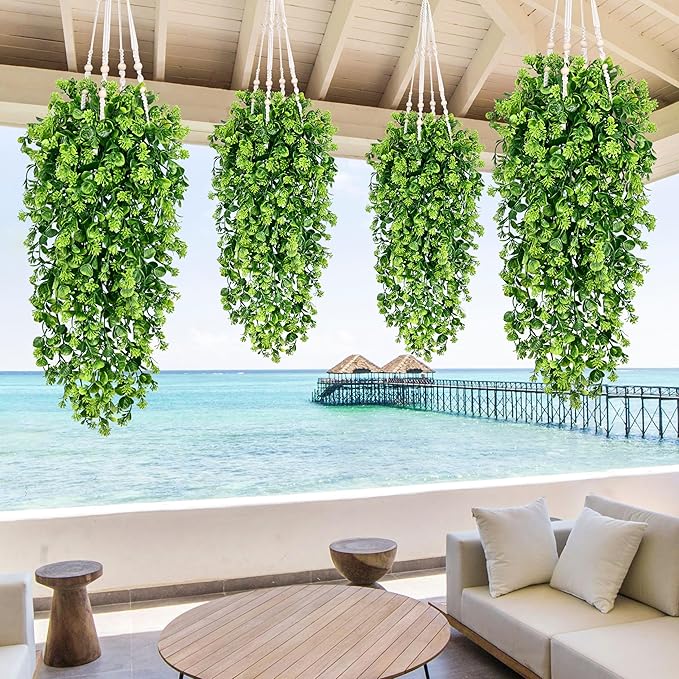 Waipfaru 4Pcs Fake Hanging Plants 3ft Fake Plants UV Resistant Fake Vines Artificial Decor for Indoor Outdoor Party Wall Porch Wedding Decoration,Light Green