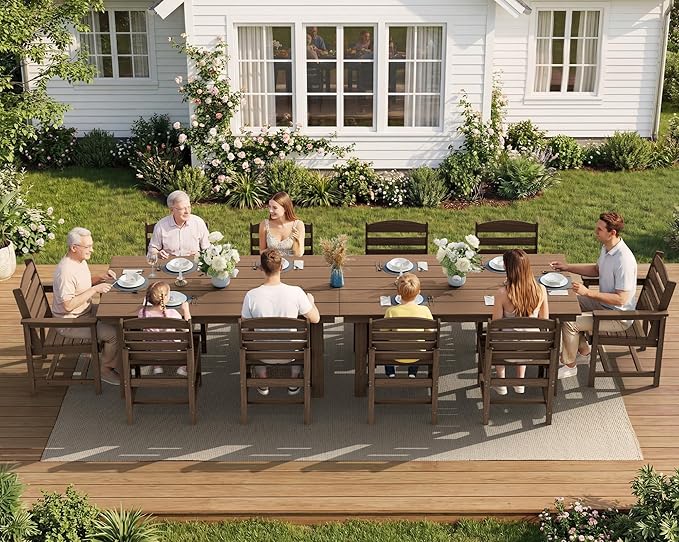 SERWALL Patio Dining Sets for 10 Person, HDPE Dining Set with 2 Tables, 8 Armless Chairs and 2 Armed Dining Chairs, Brown
