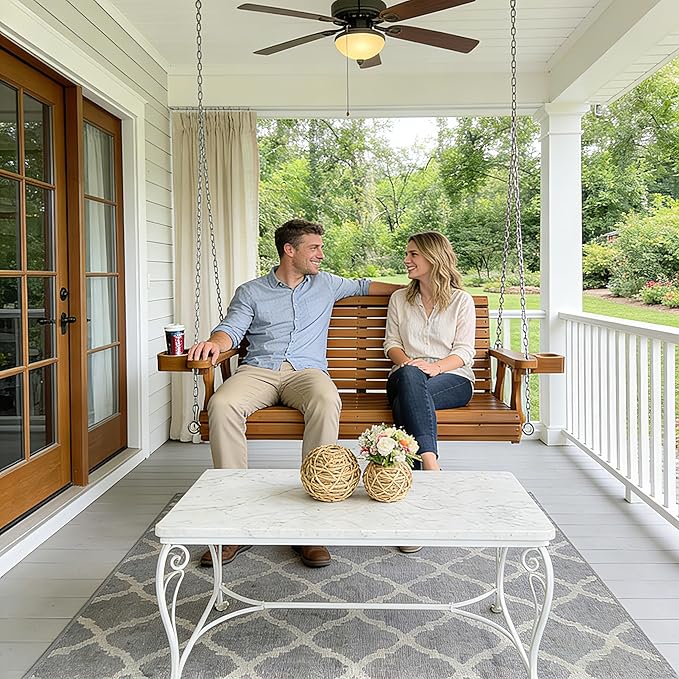 Wooden Porch Swing 2-Seater, High Backrest and Deep Seat, Bench Swing with Cupholders, Hanging Chains and 7mm Springs, Heavy Duty 880 LBS, for Outdoor Patio Garden (Cedar Tone - 4 FT Extra Large)