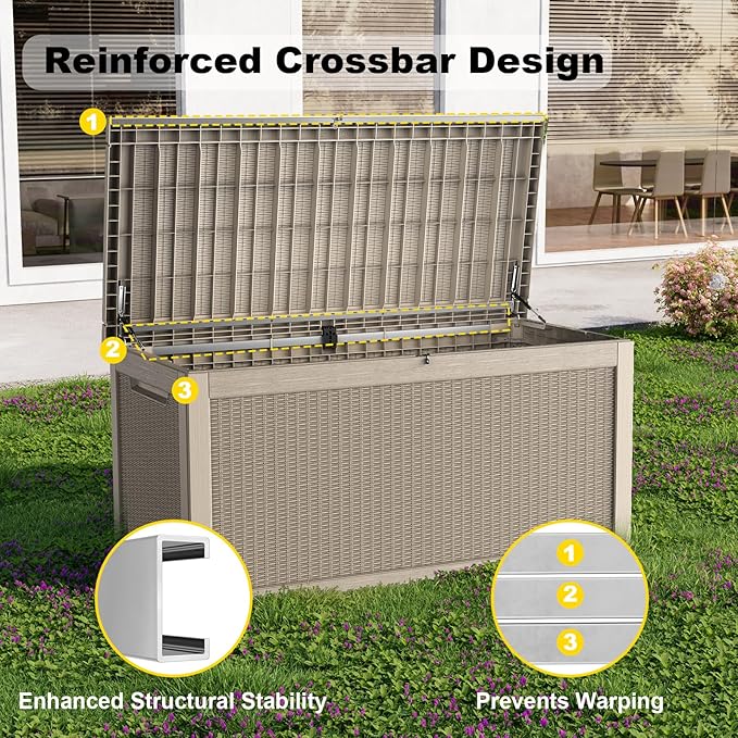 320 Gallon Outdoor Deck Box, Lockable Waterproof Outdoor Storage Boxes For Garden Tools,Indoor Cushions,Accessories Outside Storage Resin Weatherproof Container(Grey)