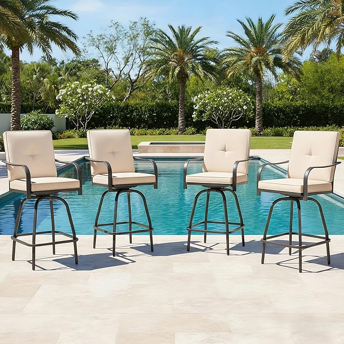 Patio Swivel Bar Stools Set of 4, Outdoor Bar Height Swivel Chairs with Cushions for Garden Balcony Backyard, Beige