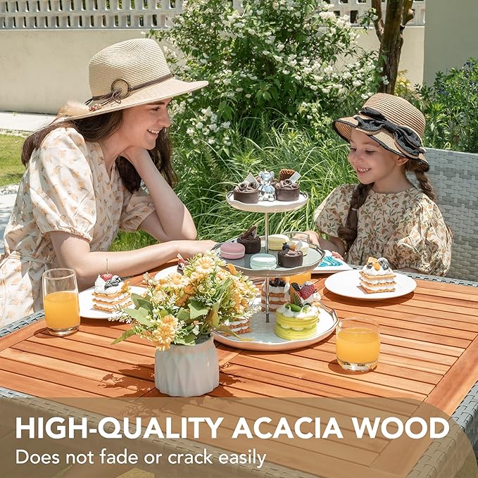 Devoko 5 PCS Furniture, Patio Conversation Set with Acacia Wood Top, Rattan Outdoor Dining Table and Chairs for Backyard, Garden, Deck, Grey