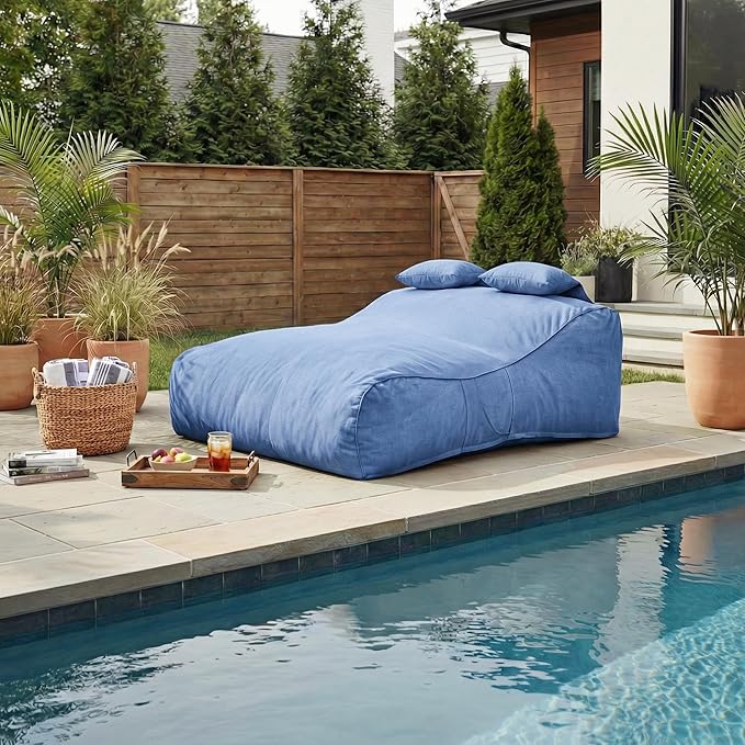 Merax Outdoor Bean Bag Chair Sun Lounger for 2 Adult, 73" Big Comfy Outdoor Bean Bag Daybed Couch with Headrest, Water-Resistant Fabric Patio Chaise Lounger Chair for Pool Balcony Beach Deck, Blue