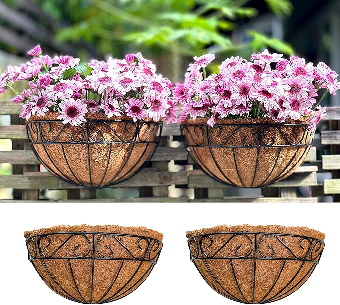 LaLaGreen 16 Inch Wall Hanging Planters - 2 Pack, Large Wall Mounted Flower Basket with Coco Liner, Black Metal Horse Trough Window Herb Pot Holder Outdoor Plants Fence Rail Railing Deck Porch Balcony
