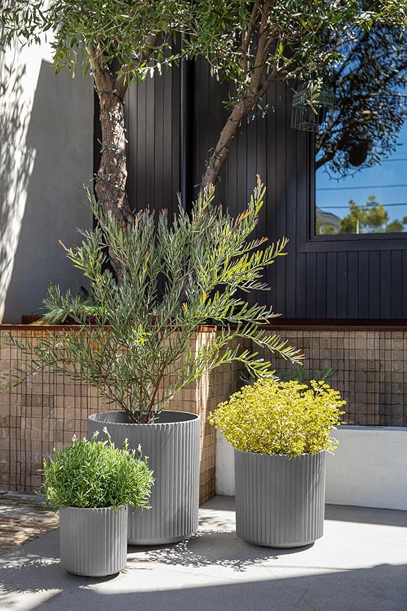 Veradek Demi Series Set of 3 Round Planters for Porch, Patio, Backyard | Durable Plastic-Concrete Material | Modern Décor for Tall Plants, Flower