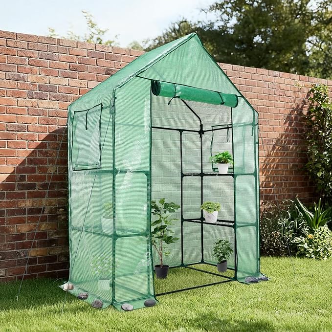 Aoodor Walk-in Greenhouse with 4 Shelves, 4.7×2.5×6.4 ft Outdoor Garden Plant House with PE Cover for Growing Vegetables, Flowers, Herbs
