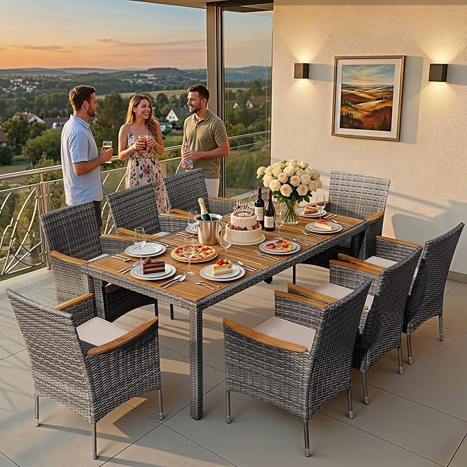 Greesum 9 Pieces Outdoor Patio Dining Set, Conversation Sets with 1 Table and 8 Rattan Chairs with Curved Acacia Wooden Armrests and Cushions, Grey