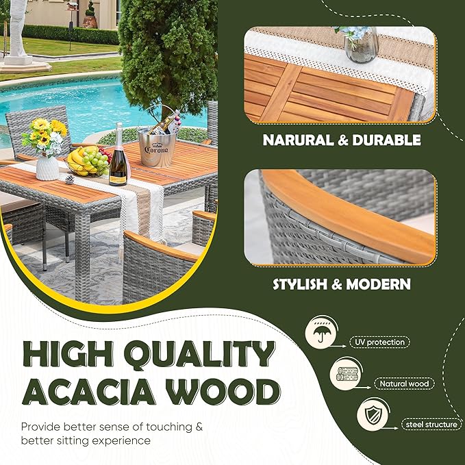 Devoko Dining 7 PCS Furniture, Patio Conversation Set with Acacia Wood Table Top, Outdoor, Beige Cushion and Grey Rattan
