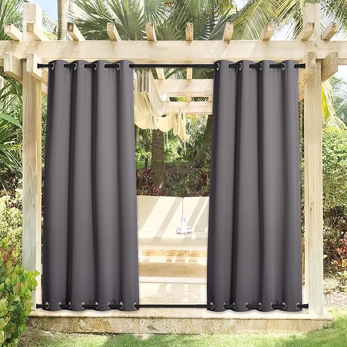 NICETOWN 2 Panels Outdoor Curtains Waterproof Extra Long 108 for Patio, Windproof Energy Thermal Insulated Saving Rustproof Top and Bottom Grommet Blackout Outdoor Drapes for Porch, Grey
