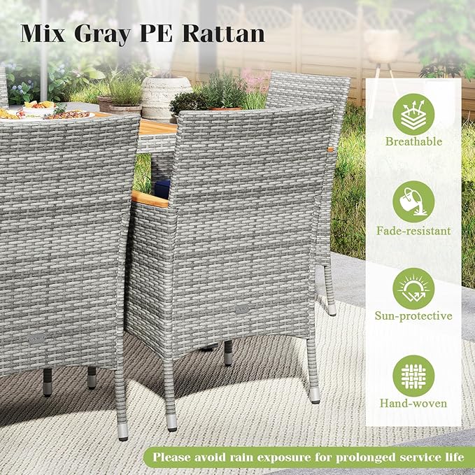 Tangkula 9 Pieces Rattan Outdoor Dining Set for 8, Outdoor Acacia Wood Table Set with 8 Cushioned Wicker Chairs, Umbrella Hole, Patio Dining Furniture Set for Deck Pool Backyard