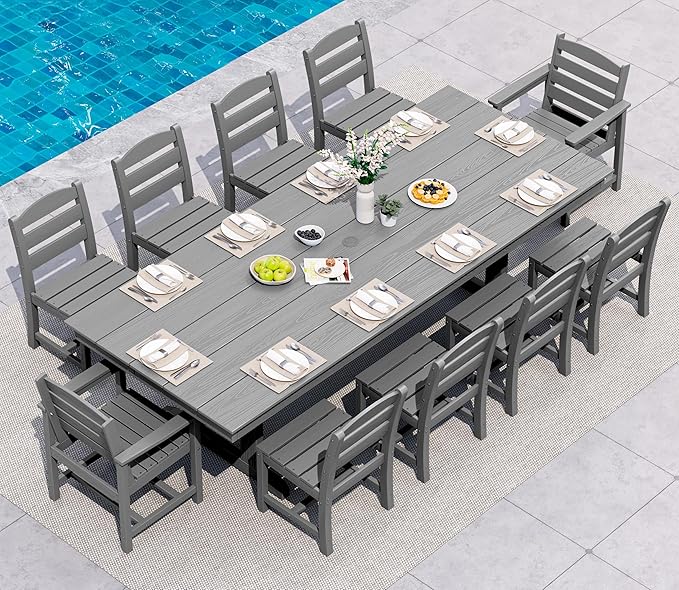 SERWALL 11 Piece Outdoor Dining Set, 84" HDPE Outdoor Table and Chairs for 10，All Weather Patio Furniture Set with Umbrella Hole for Backyard, Garden, Gray