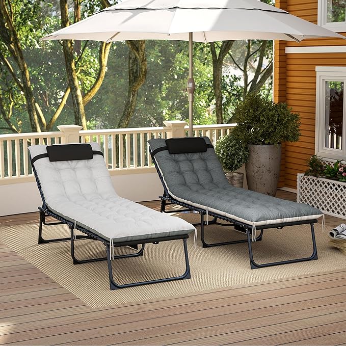 Outsunny Chaise Lounge Chair Outdoor Set of 2, 5-Position Adjustable Outdoor Pool Lounge Chairs, Folding Tanning Chair Beach Lounger with Cushion, Headrest, Side Pocket for Patio, Yard, Black/Gray
