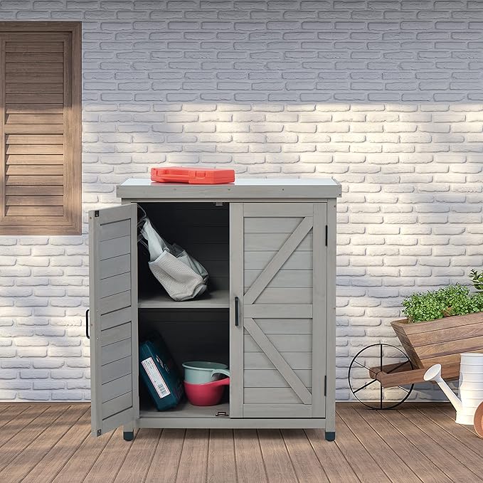 Outdoor Potting Bench with Storage Cabinet and Metal Top, Wood Workstation for Outdoor Patio, Garden (Dark Grey, 31x17x36‘’)