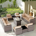 Kullavik 13 Pieces Outdoor Patio Furniture Set with 43" 55000BTU Gas Propane Fire Pit Table PE Wicker Rattan Sectional Sofa Patio Conversation Sets,Khaki