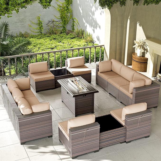 Kullavik 13 Pieces Outdoor Patio Furniture Set with 43" 55000BTU Gas Propane Fire Pit Table PE Wicker Rattan Sectional Sofa Patio Conversation Sets,Khaki