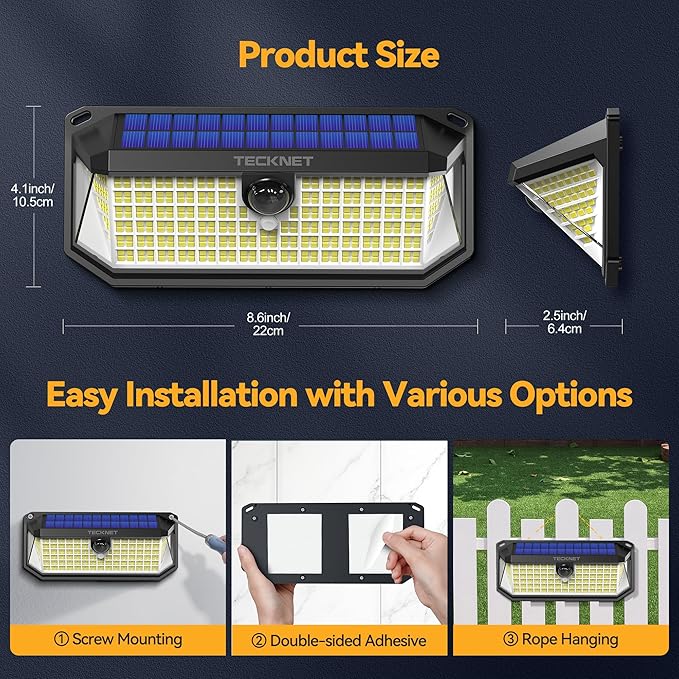 TECKNET 4200Lm 416 LED Solar Motion Lights Outdoor Waterproof, 300° Angle & 3 Lighting Modes Motion Sensor Light Outdoor, 4 Pack Security Solar Lights IP66 for Fence Front Door Yard Deck Garden Garage