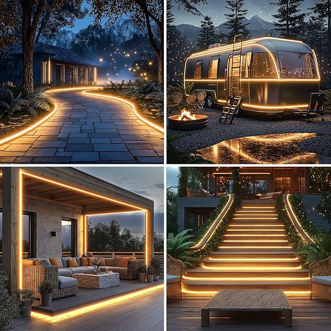 DBFAIRY 50Ft Solar LED Strip Lights Outdoor, Large Capacity Solar Powered Light Strip Auto On/Off with Remote Timer 8 Lighting Modes for Pathway Patio Pool Camping Decor, 2700K Warm White