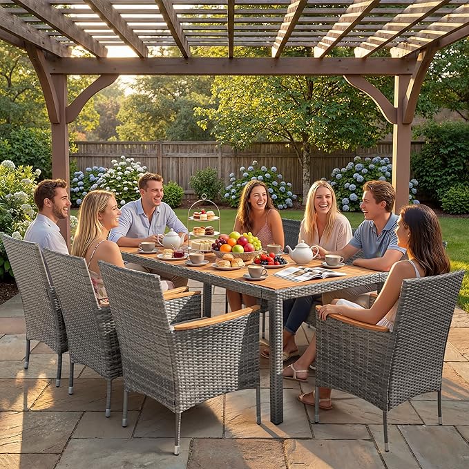 Devoko Outdoor Patio Dining Sets 9 Pieces Wicker Outdoor Dining Table and Chairs Set with Acacia Wood Table Top and Widened Armrests for Backyard, Garden, Deck (Grey)
