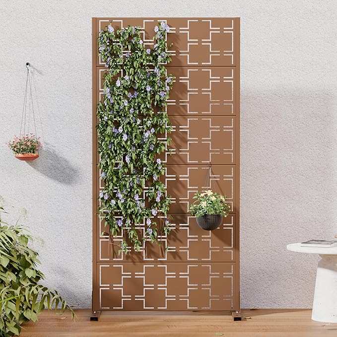 Casaphoria Metal Privacy Screen Outdoor, 60" H x 30" W Freestanding Decorative Privacy Screen for Patio Deck Balcony Garden with Stable Base, Brown-Square