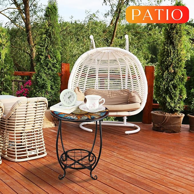 Outdoor Side Table Round Small Mosaic Patio Accent Indoor End Plant Coffee Tea Table for Yard Patio Porch Garden Living Room, Bedroom(Sun Style,14 Inch)