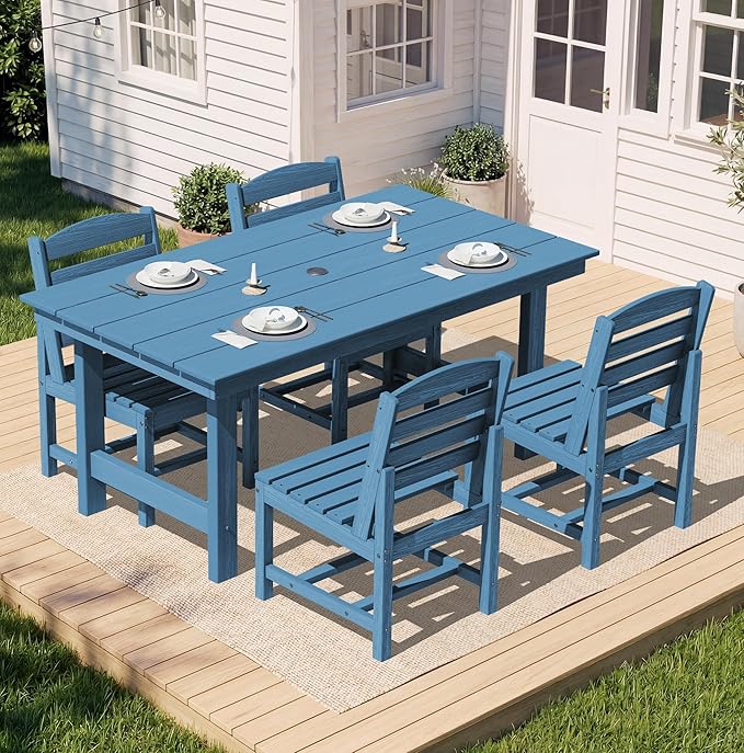 SERWALL Patio Dining Sets for 6 Person, HDPE Dining Set with 6 Armless Chairs, Blue