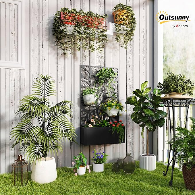 Outsunny Metal Raised Garden Bed with Trellis for Climbing Plants, Freestanding or Wall Mounted Flower Bed with Privacy Panel, Small Leaves Cut-Outs Outdoor Planter Box for Garden, Patio, Balcony