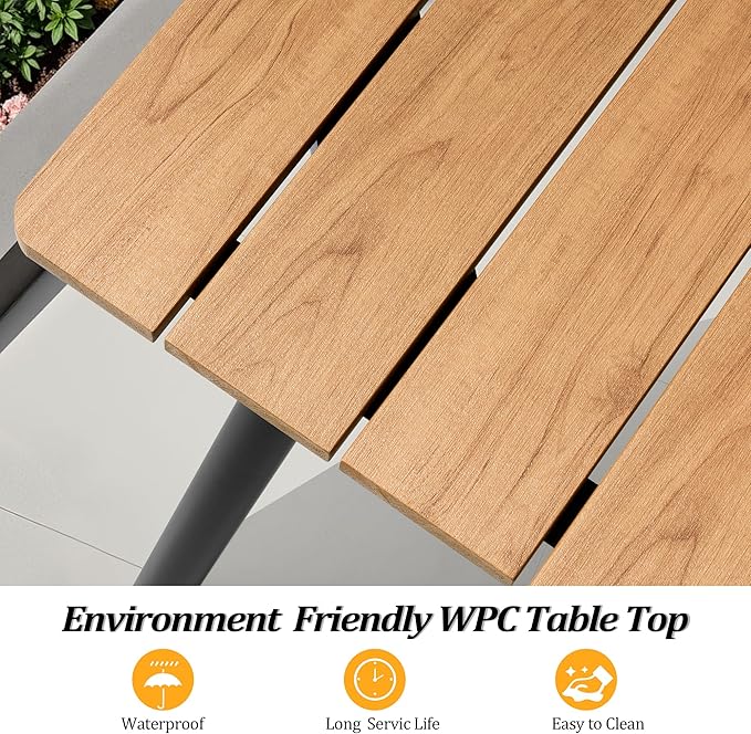 95" Patio Outdoor Dining Table for 8-10, Weather-Resistant Wood-Grain Top with Aluminum Frame & Umbrella Hole for Deck Gatherings, Brown