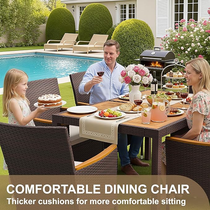 Devoko Dining 7 PCS Furniture, Patio Conversation Set with Acacia Wood Table Top, Outdoor, Beige Cushion and Brown Rattan