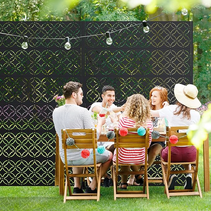Casaphoria Metal Privacy Screen Outdoor, 72" H x 47" W Freestanding Decorative Privacy Screen for Patio Deck Balcony Garden with Stable Base, Palace Black